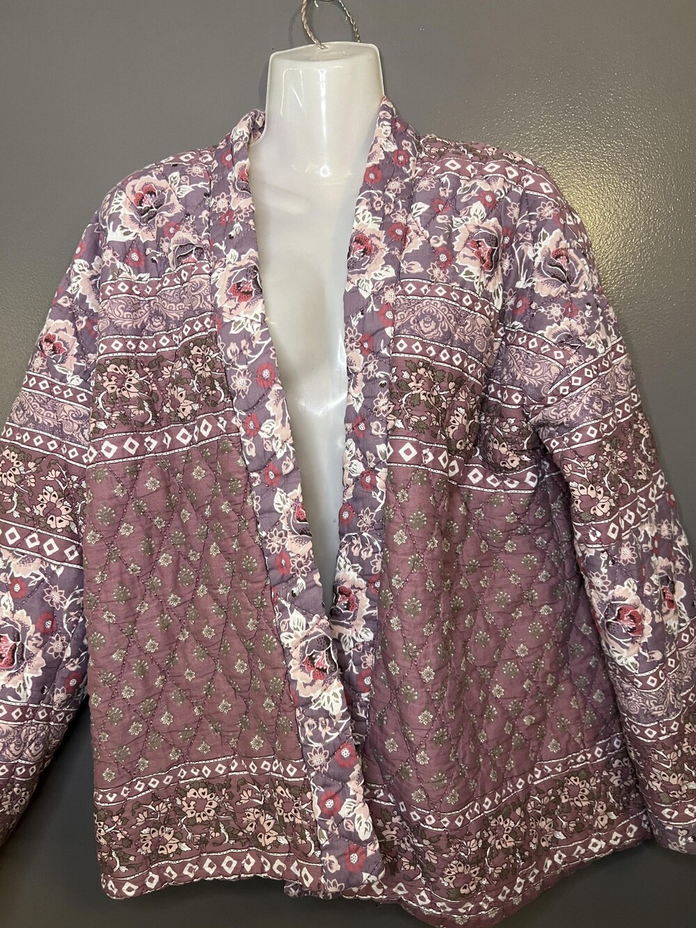 Lucky Brand Jacket Womens XS/S Purple Quilted Floral Open Front Boho Embroidered